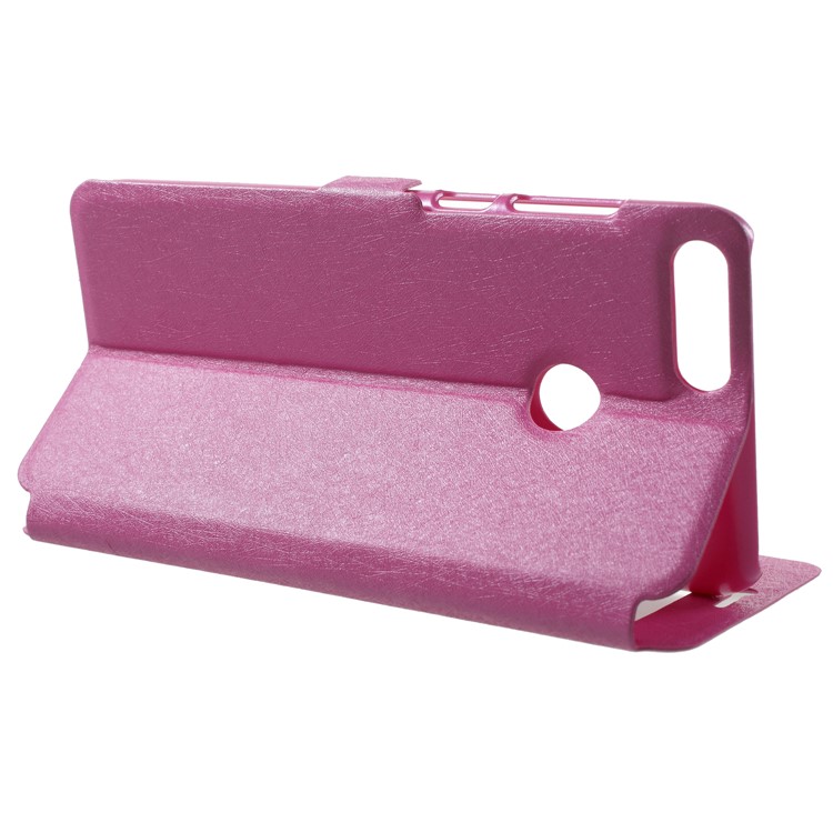 Silk Texture Dual Window Leather Flip Stand Case for Huawei P Smart/Enjoy 7S - Rose-4