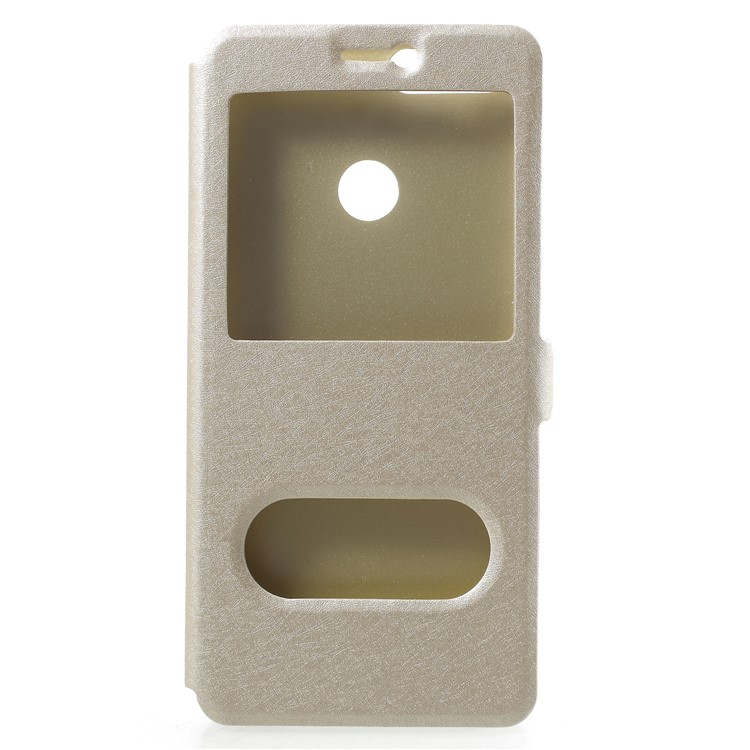 Silk Texture Dual Window Leather Mobile Casing with Stand for Huawei P Smart/Enjoy 7S - Gold-1
