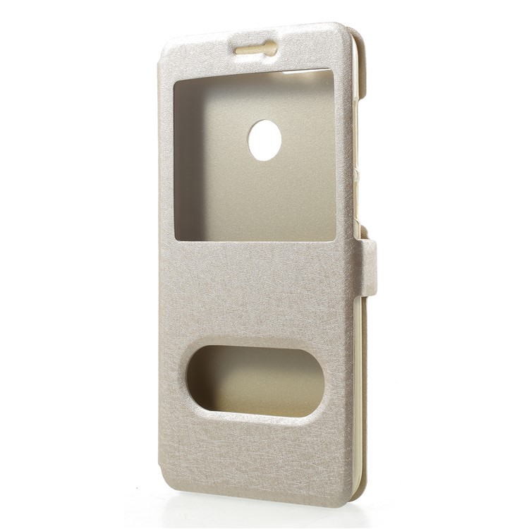 Silk Texture Dual Window Leather Mobile Casing with Stand for Huawei P Smart/Enjoy 7S - Gold-3