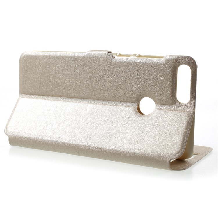 Silk Texture Dual Window Leather Mobile Casing with Stand for Huawei P Smart/Enjoy 7S - Gold-4