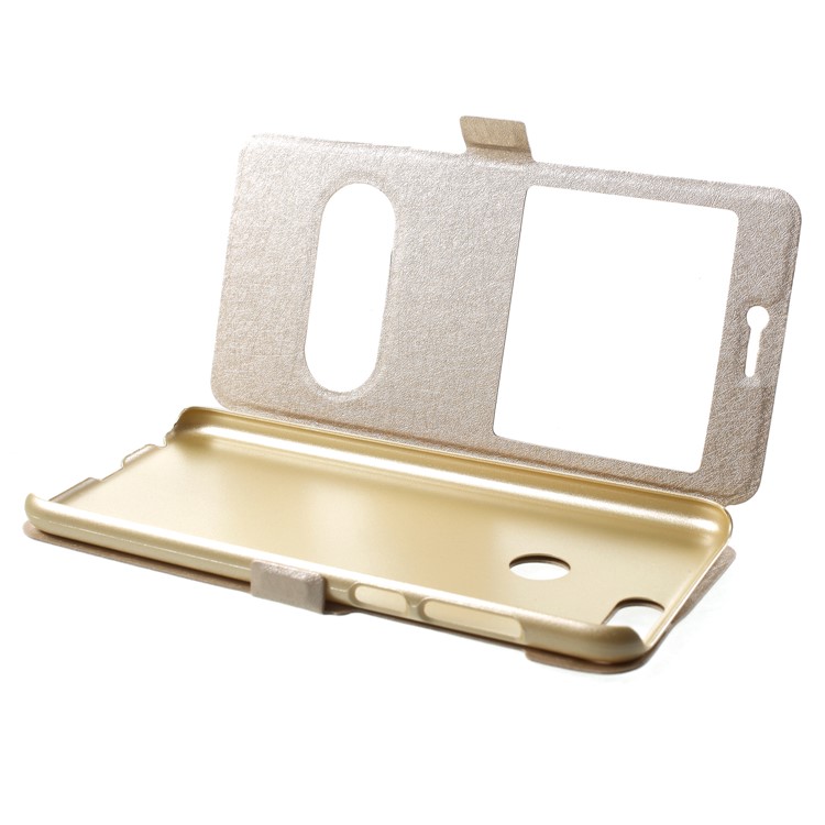 Silk Texture Dual Window Leather Mobile Casing with Stand for Huawei P Smart/Enjoy 7S - Gold-5