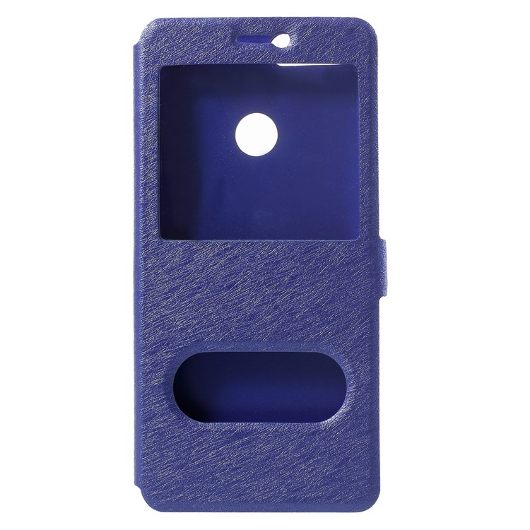 Silk Texture Dual Window Leather Stand Phone Shell for Huawei P Smart/Enjoy 7S - Blue-1