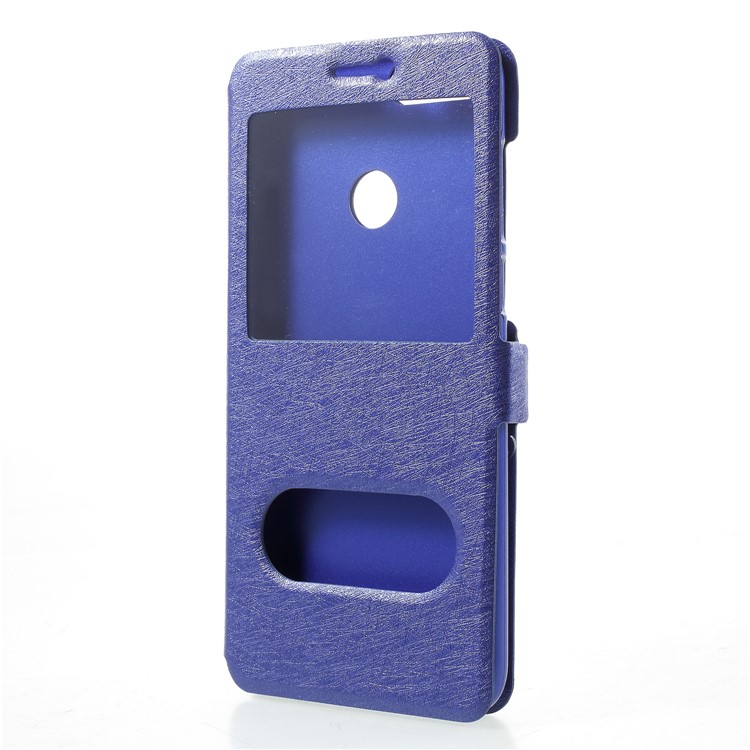 Silk Texture Dual Window Leather Stand Phone Shell for Huawei P Smart/Enjoy 7S - Blue-3