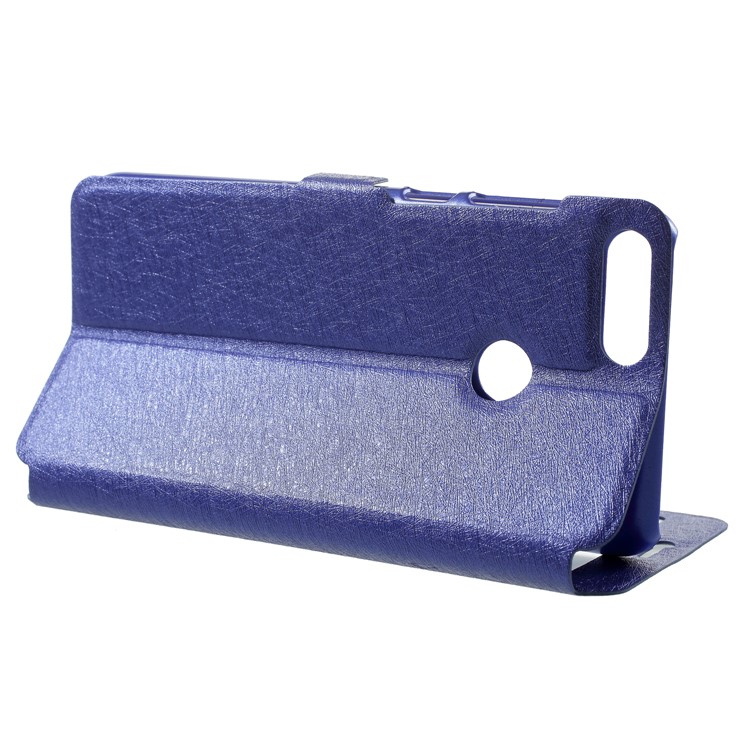 Silk Texture Dual Window Leather Stand Phone Shell for Huawei P Smart/Enjoy 7S - Blue-4