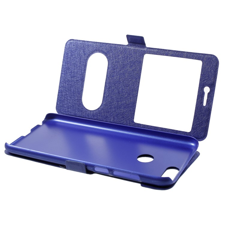 Silk Texture Dual Window Leather Stand Phone Shell for Huawei P Smart/Enjoy 7S - Blue-5
