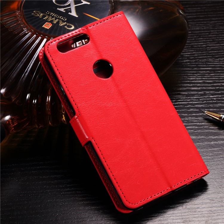 BTRCASE Crazy Horse Grain Leather Wallet Protection Cover Case for Huawei Honor 9 Lite / Youth Edition - Red-2