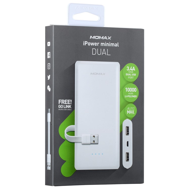 MOMAX iPower Minimal Dual USB 10000mAh Power Bank for iPhone Samsung Huawei - White-13
