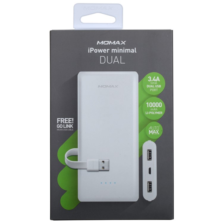 MOMAX iPower Minimal Dual USB 10000mAh Power Bank for iPhone Samsung Huawei - White-14
