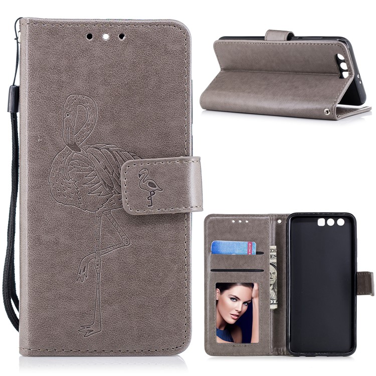Imprinted Flamingo Wallet Leather Stand Case with Strap for Huawei Honor 9 - Grey-1