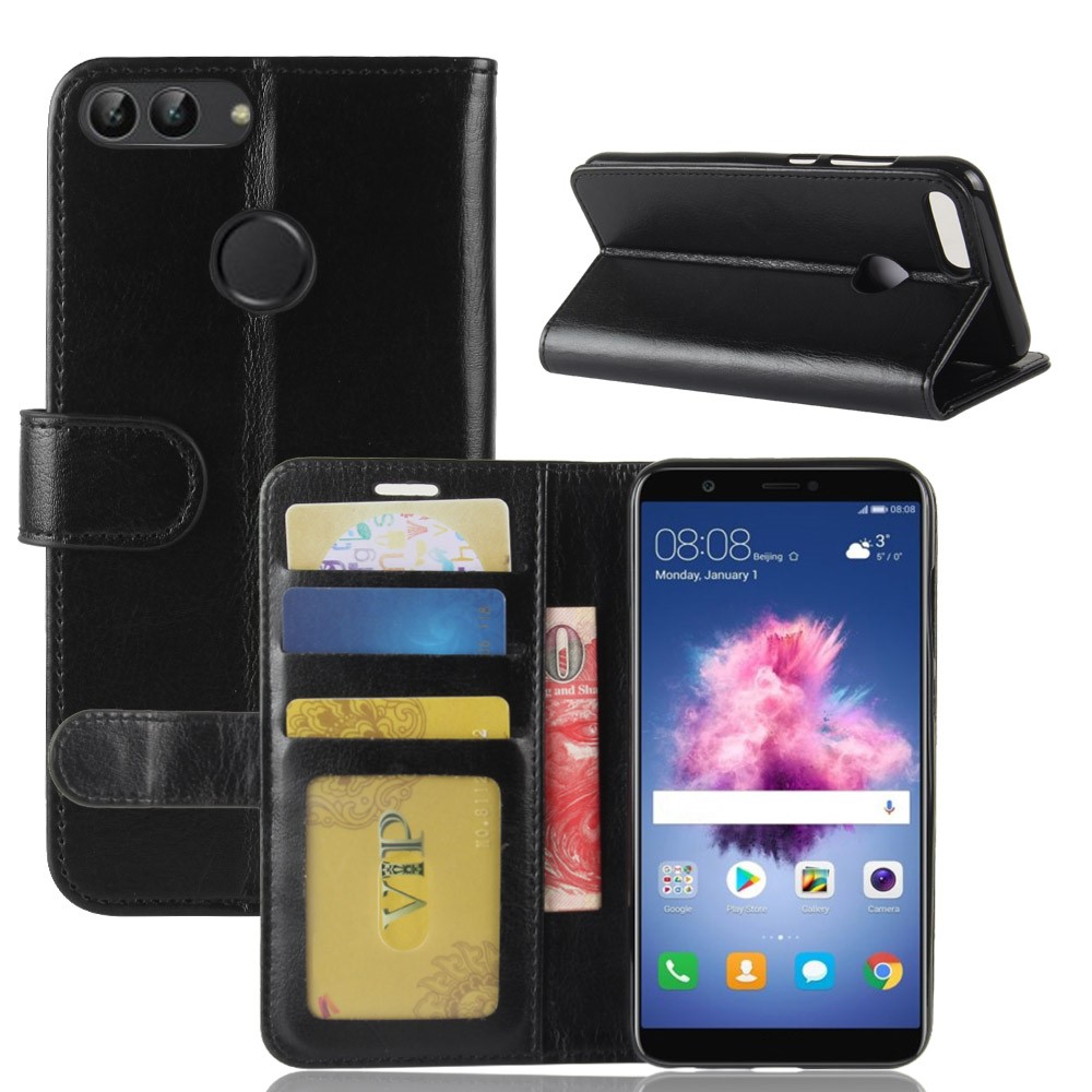 Crazy Horse Textur Wallet Leder Telefon Hülle Für Huawei P Smart / Genieße 7s - Schwarz