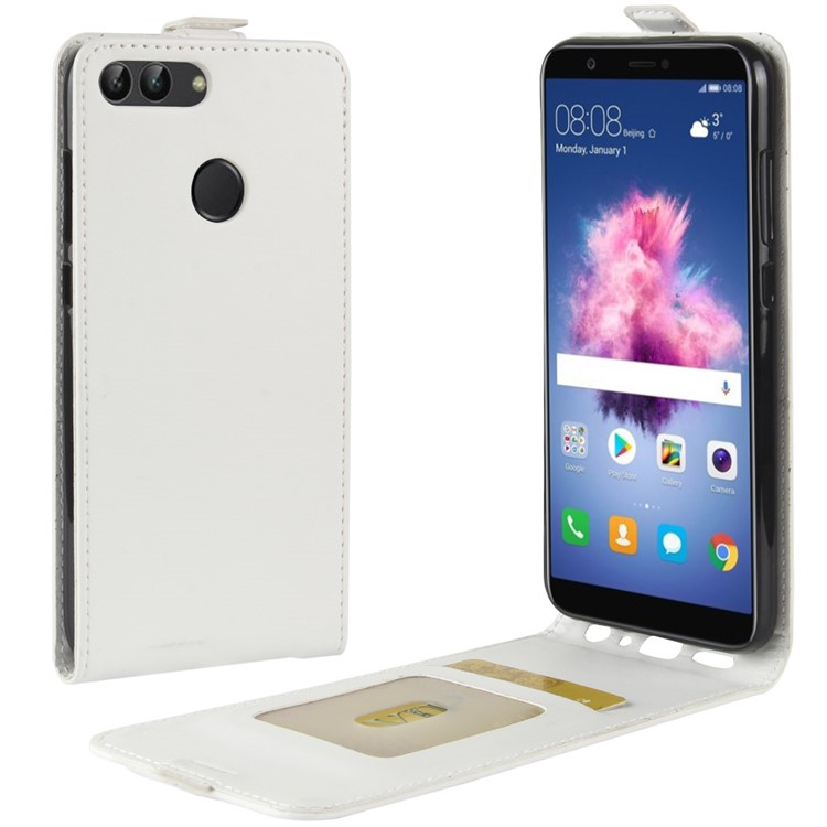 Crazy Horse Textur Vertikale Flip Kartenhalter Lederhülle Für Huawei P Smart / Genieße 7S - Weiß-1