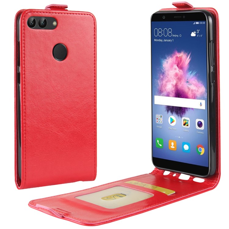 Crazy Horse Texture Vertical Flip Card Holder Leather Shell for Huawei P Smart / Enjoy 7S - Red-1