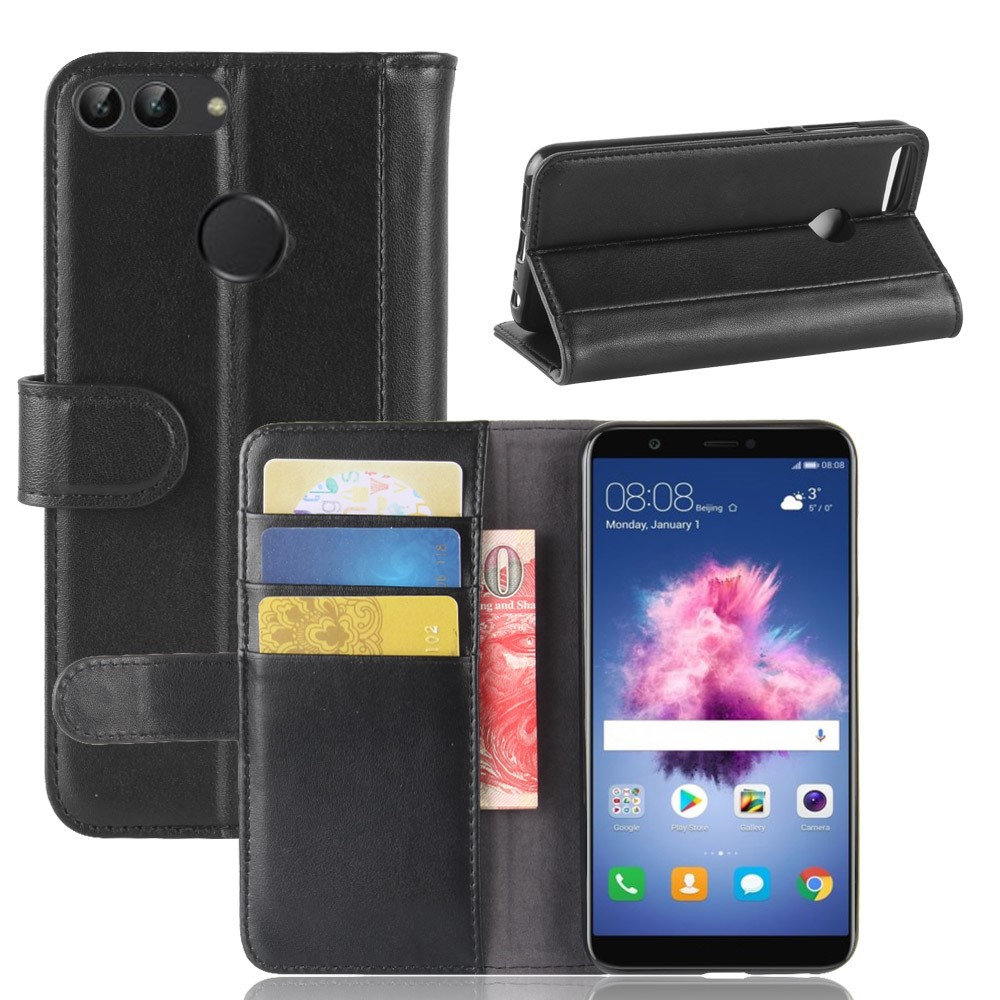 Genuine Split Leather Wallet Stand Case for Huawei P Smart / Enjoy 7S - Black-1
