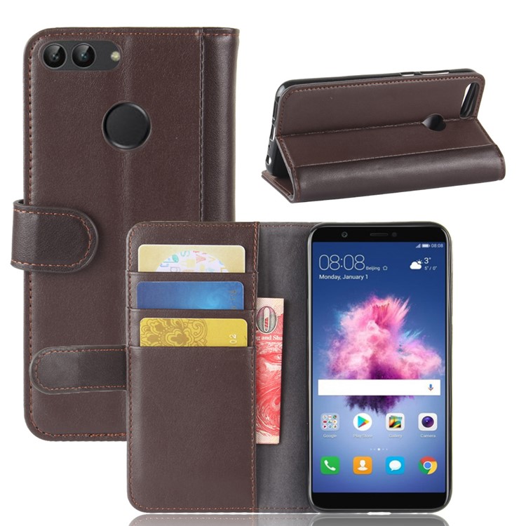 Genuine Split Leather Wallet Stand Cover for Huawei P Smart / Enjoy 7S - Brown-1