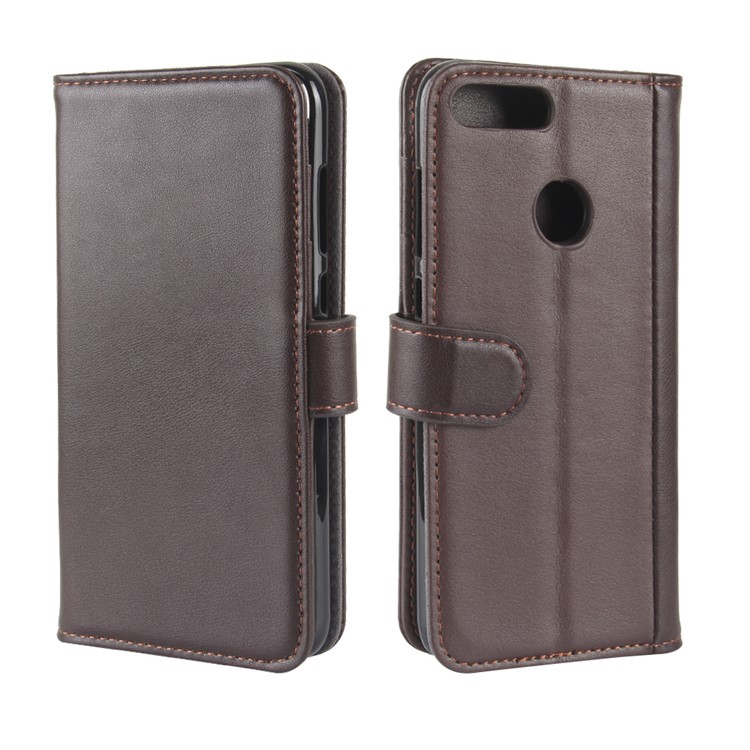 Genuine Split Leather Wallet Stand Cover for Huawei P Smart / Enjoy 7S - Brown-7