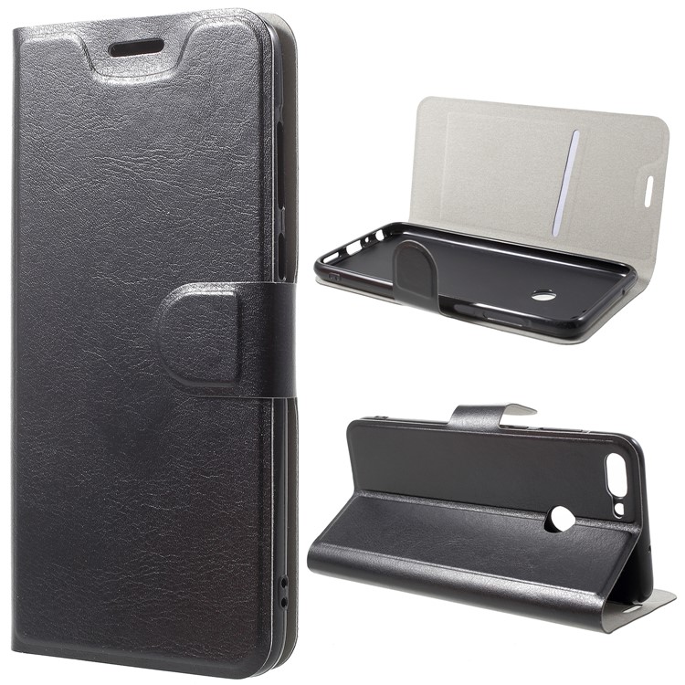 For Huawei P Smart/Enjoy 7S Crazy Horse Texture PU Leather Card Holder Stand Case - Black-1