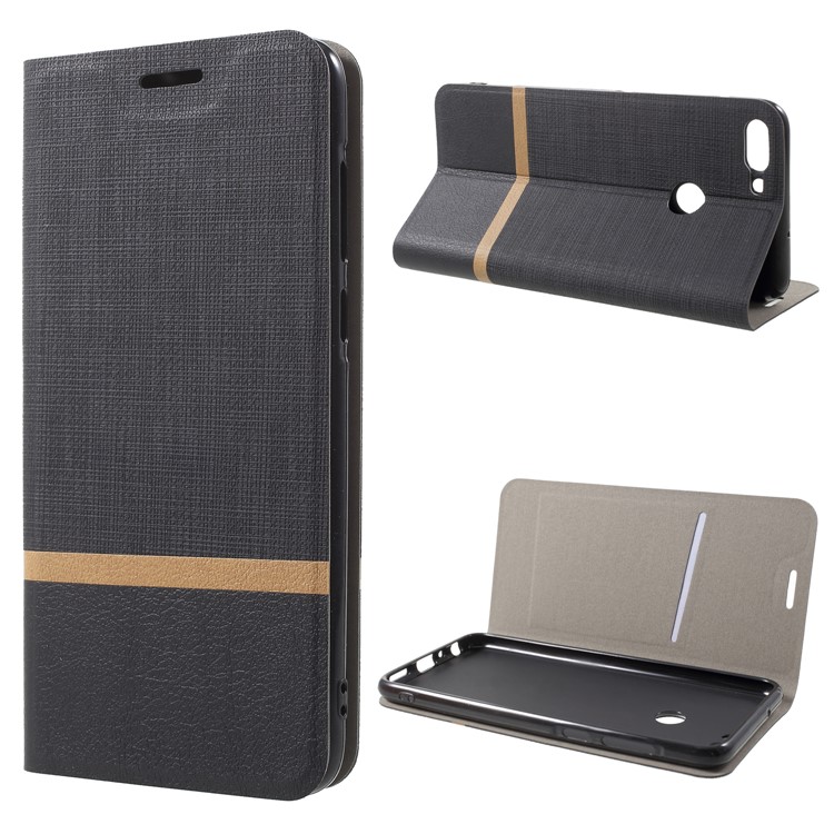 Bi-color Cross Texture Leather Card Holder Flip Stand Phone Case for Huawei P Smart/Enjoy 7S Built-in Steel Sheet - Black-1