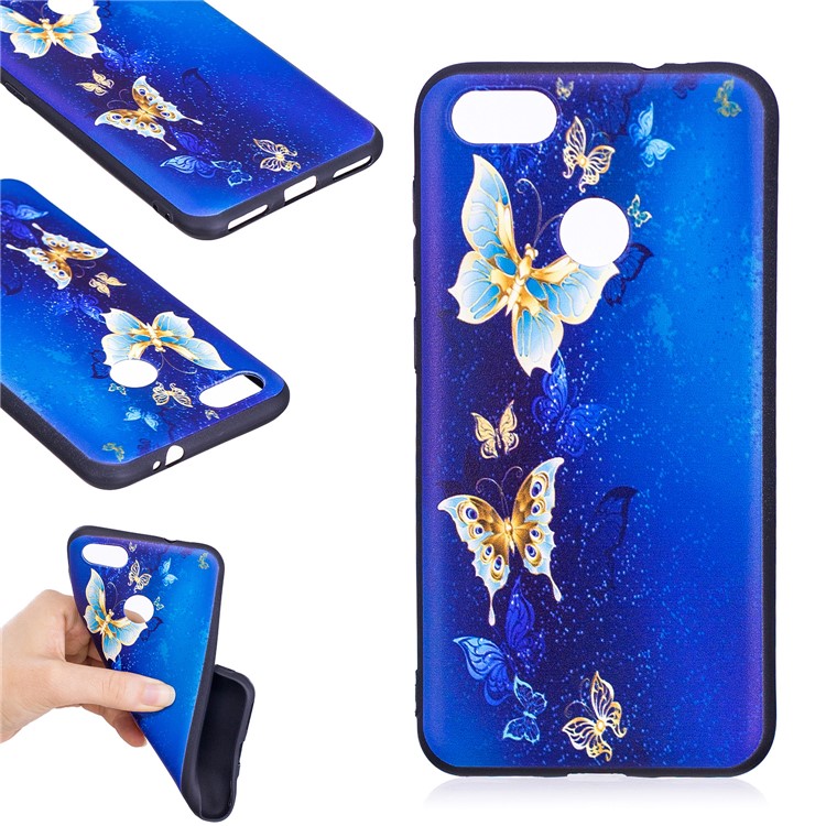 Embossment Patterned Soft TPU Cell Phone Case for Huawei P9 lite mini/Y6 Pro (2017)/Enjoy 7 - Blue and Gold Butterfly-1