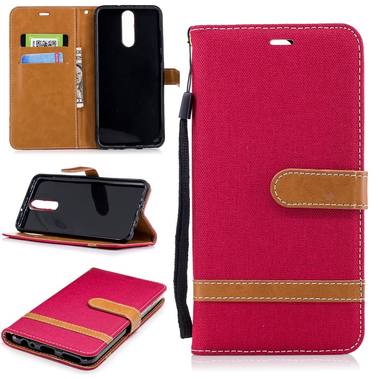 Two-tone Jean Cloth Wallet Stand Leather Shell for Huawei Mate 10 Lite / nova 2i / Maimang 6 / Honor 9i (India) - Red-1