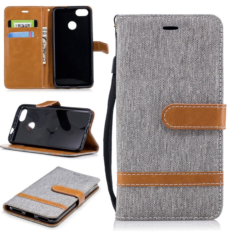 Contrast Color Jean Cloth PU Leather Case Shell for Huawei P9 lite mini/Y6 Pro (2017)/Enjoy 7 - Grey-1