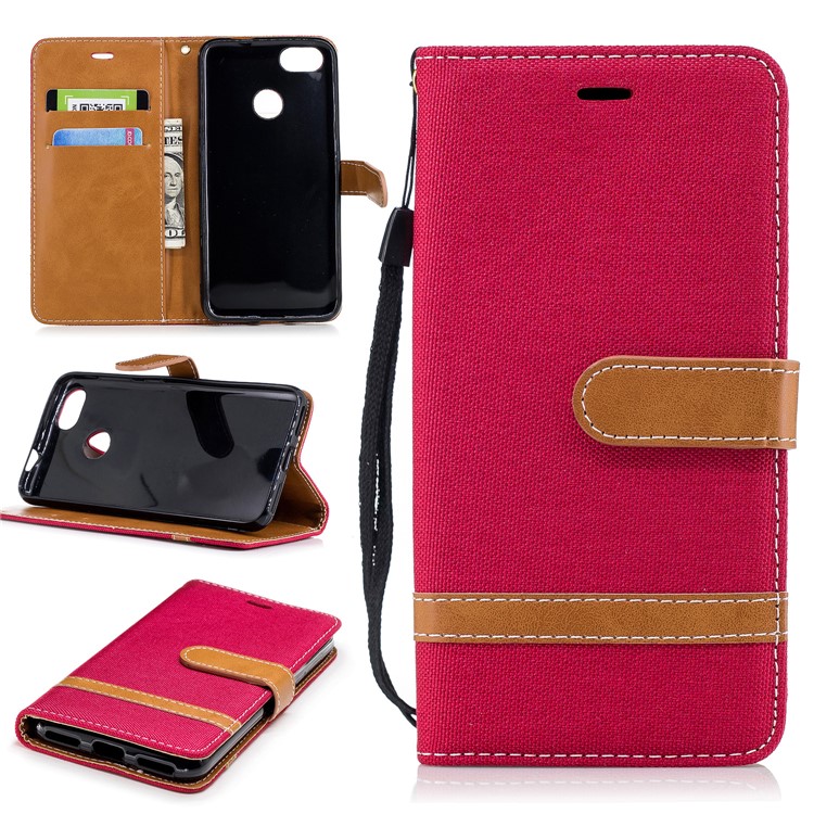 Bi-color Jean Cloth PU Leather Wallet Phone Casing for Huawei P9 lite mini/Y6 Pro (2017)/Enjoy 7 - Red-1