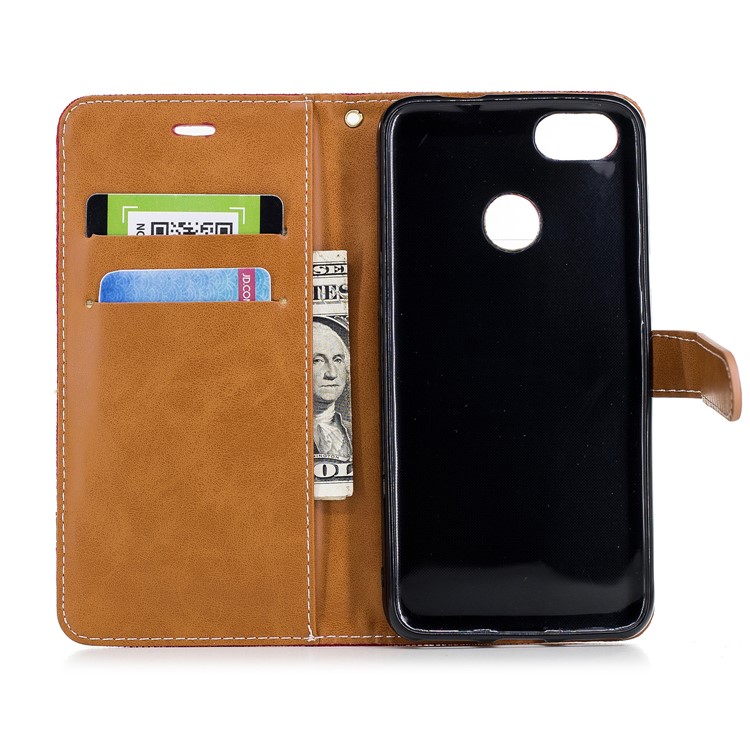 Bi-color Jean Cloth PU Leather Wallet Phone Casing for Huawei P9 lite mini/Y6 Pro (2017)/Enjoy 7 - Red-10