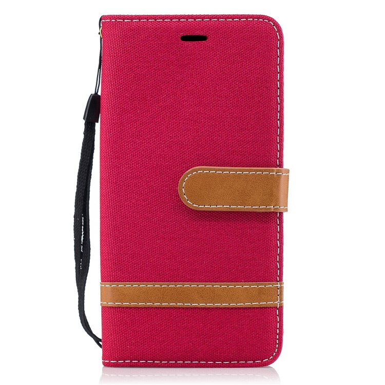 Bi-color Jean Cloth PU Leather Wallet Phone Casing for Huawei P9 lite mini/Y6 Pro (2017)/Enjoy 7 - Red-2