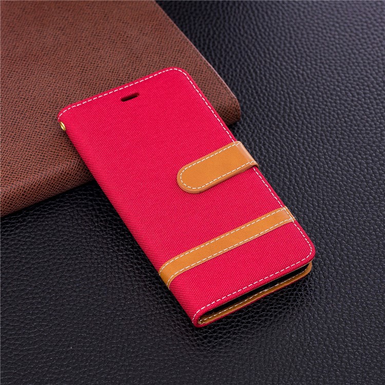 Bi-color Jean Cloth PU Leather Wallet Phone Casing for Huawei P9 lite mini/Y6 Pro (2017)/Enjoy 7 - Red-4