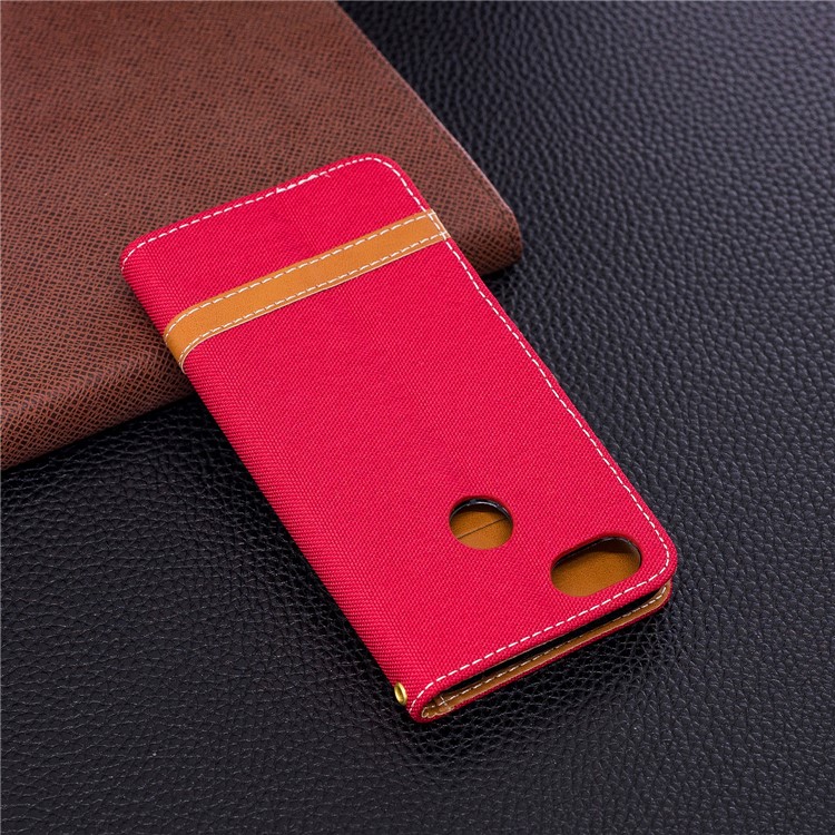 Bi-color Jean Cloth PU Leather Wallet Phone Casing for Huawei P9 lite mini/Y6 Pro (2017)/Enjoy 7 - Red-5