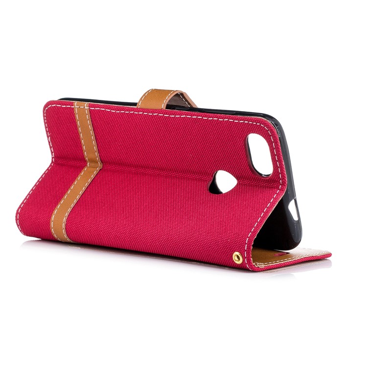 Bi-color Jean Cloth PU Leather Wallet Phone Casing for Huawei P9 lite mini/Y6 Pro (2017)/Enjoy 7 - Red-6