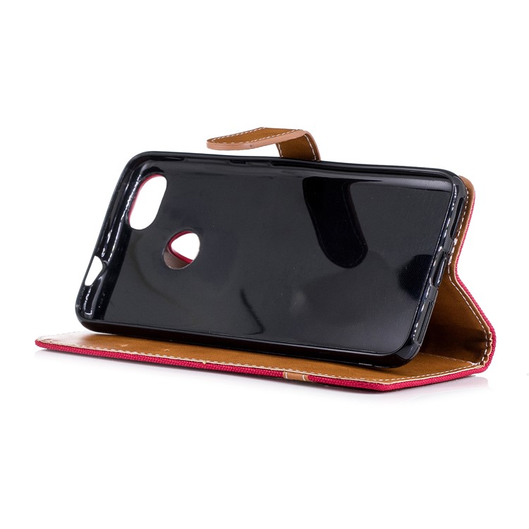 Bi-color Jean Cloth PU Leather Wallet Phone Casing for Huawei P9 lite mini/Y6 Pro (2017)/Enjoy 7 - Red-7