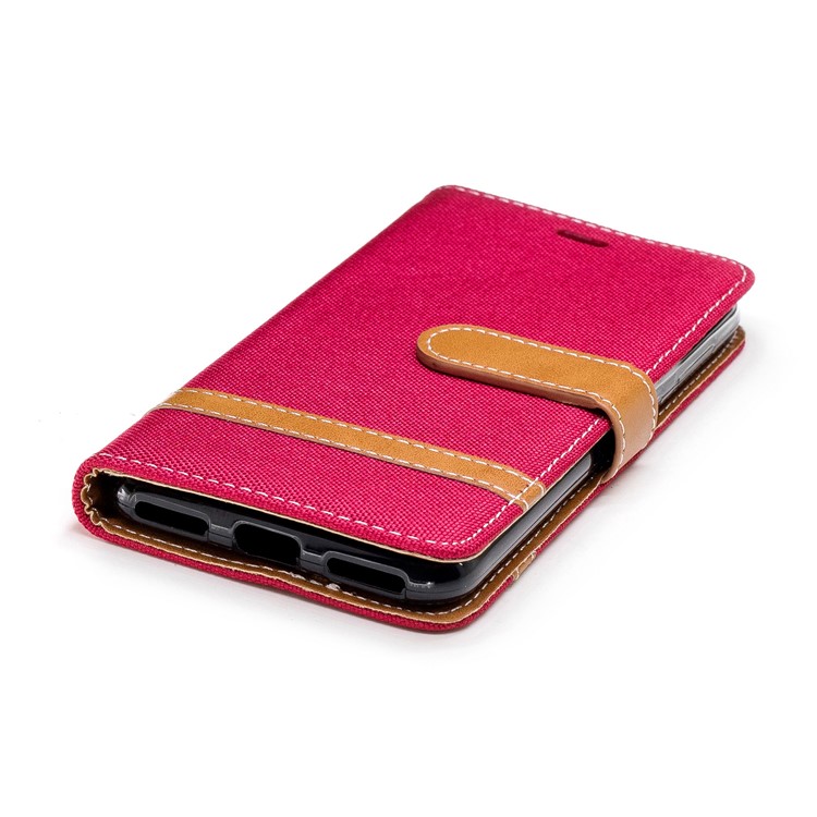 Bi-color Jean Cloth PU Leather Wallet Phone Casing for Huawei P9 lite mini/Y6 Pro (2017)/Enjoy 7 - Red-8
