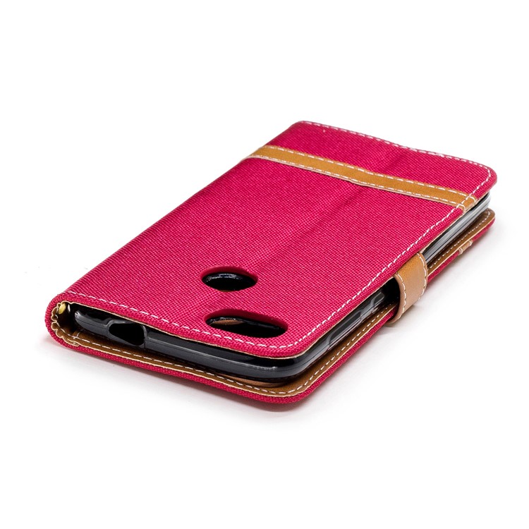 Bi-color Jean Cloth PU Leather Wallet Phone Casing for Huawei P9 lite mini/Y6 Pro (2017)/Enjoy 7 - Red-9