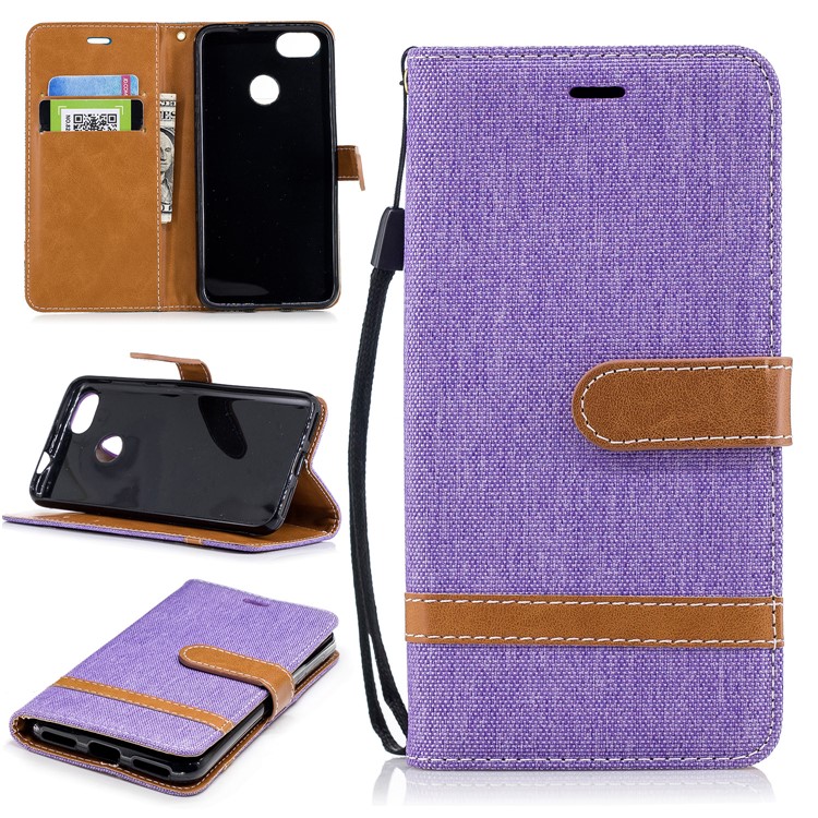 Jean Cloth PU Leather Wallet Stand Mobile Shell for Huawei P9 lite mini/Y6 Pro (2017)/Enjoy 7 - Purple-1