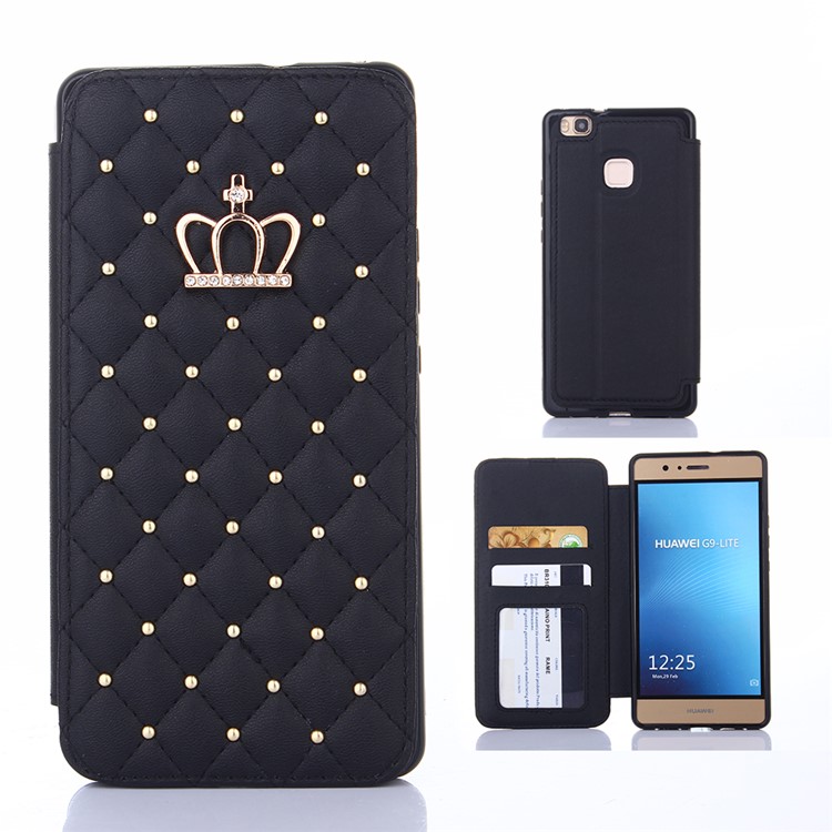 Crown Grid Pattern Leather Card Holder Stand Case for Huawei P9 Lite / G9 Lite - Black-1