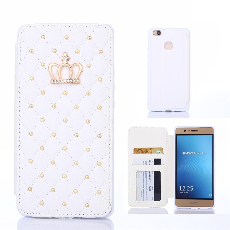 Crown Grid Pattern Leather Card Holder Stand Cover for Huawei P9 Lite / G9 Lite - White-1