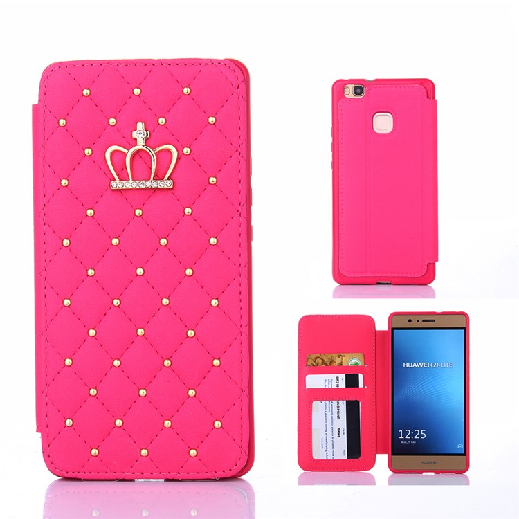 Crown Grid Pattern Leather Card Holder Stand Casing for Huawei P9 Lite / G9 Lite - Rose-1