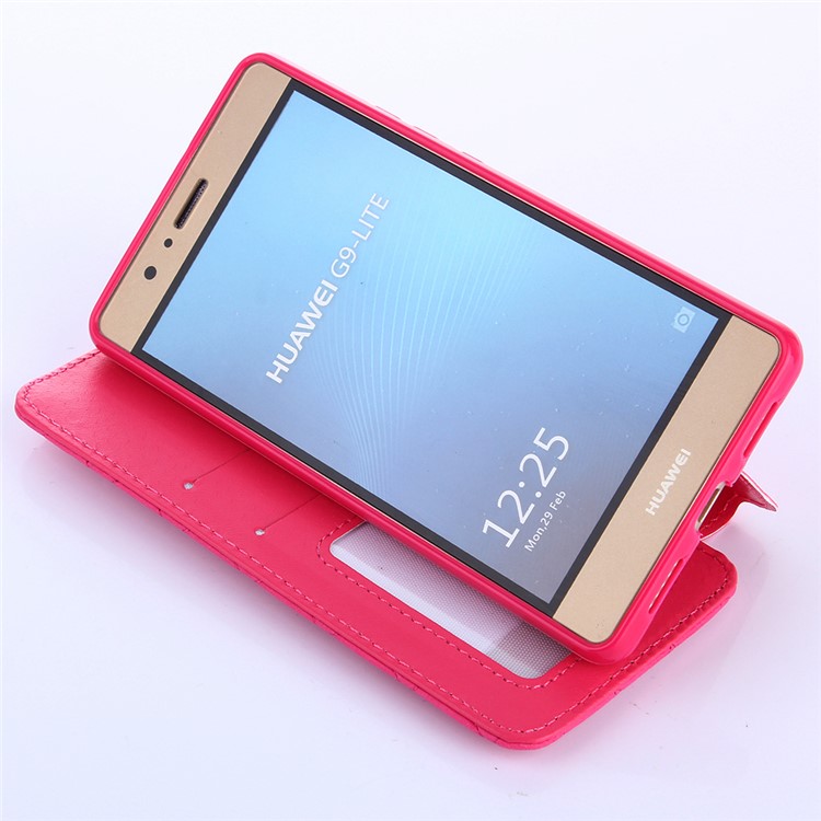 Crown Grid Pattern Leather Card Holder Stand Casing for Huawei P9 Lite / G9 Lite - Rose-4