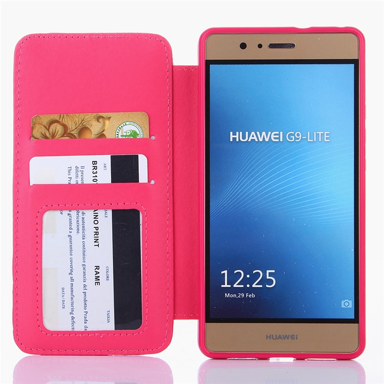 Crown Grid Pattern Leather Card Holder Stand Casing for Huawei P9 Lite / G9 Lite - Rose-5