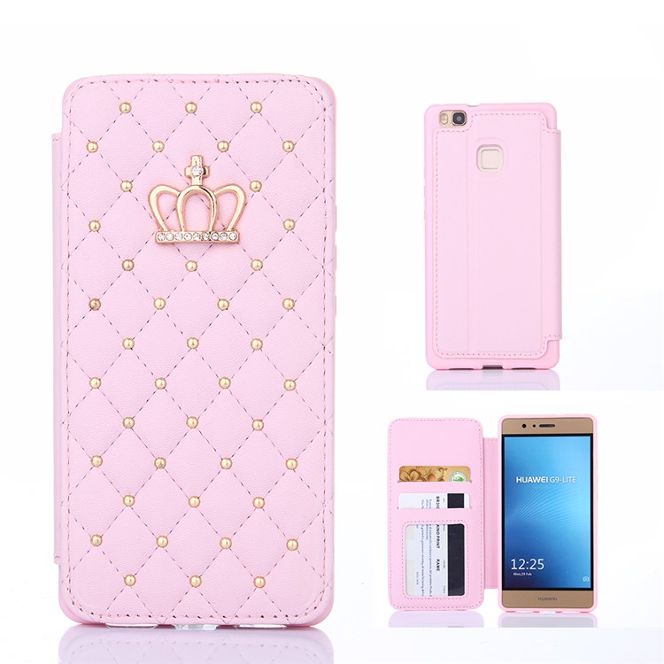 Crown Grid Pattern Leather Card Holder Stand Shell for Huawei P9 Lite / G9 Lite - Pink-1