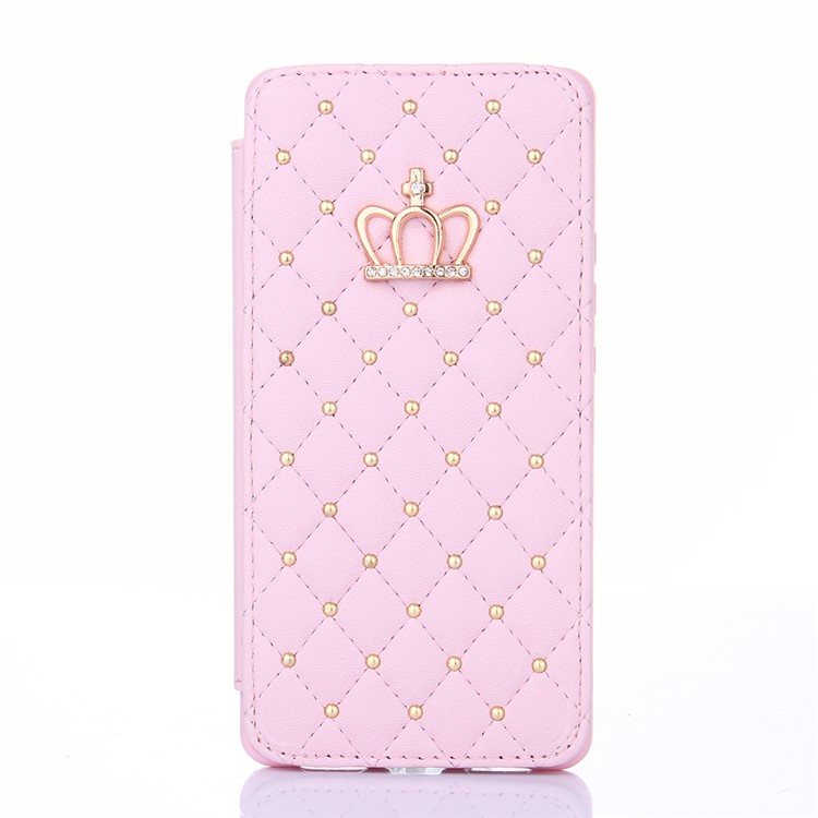 Crown Grid Pattern Leather Card Holder Stand Shell for Huawei P9 Lite / G9 Lite - Pink-2