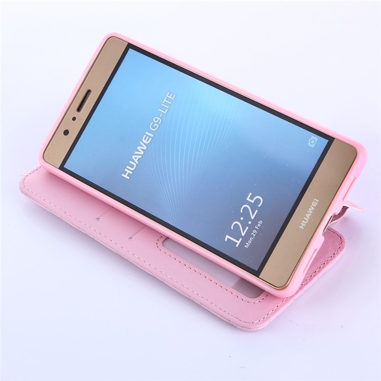 Crown Grid Pattern Leather Card Holder Stand Shell for Huawei P9 Lite / G9 Lite - Pink-4