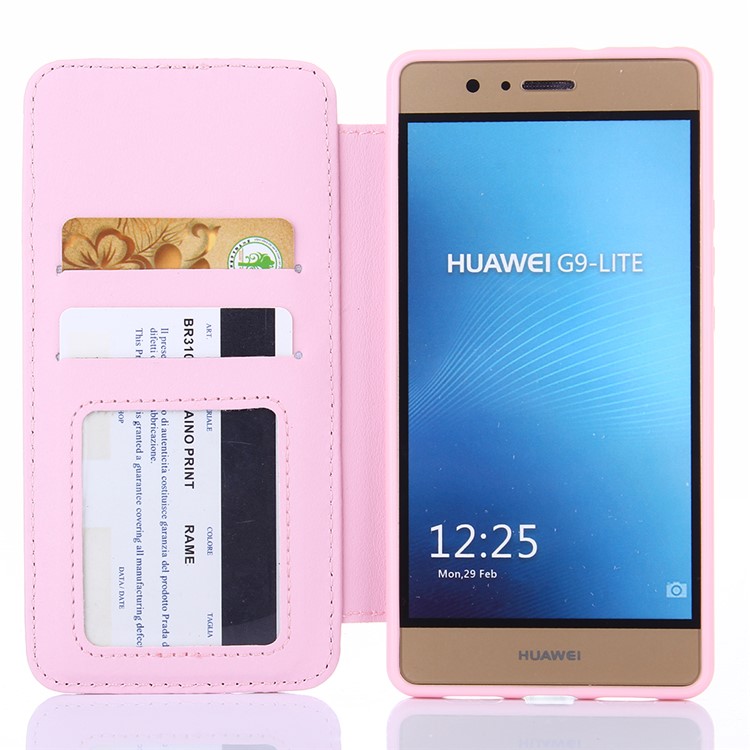 Crown Grid Pattern Leather Card Holder Stand Shell for Huawei P9 Lite / G9 Lite - Pink-5