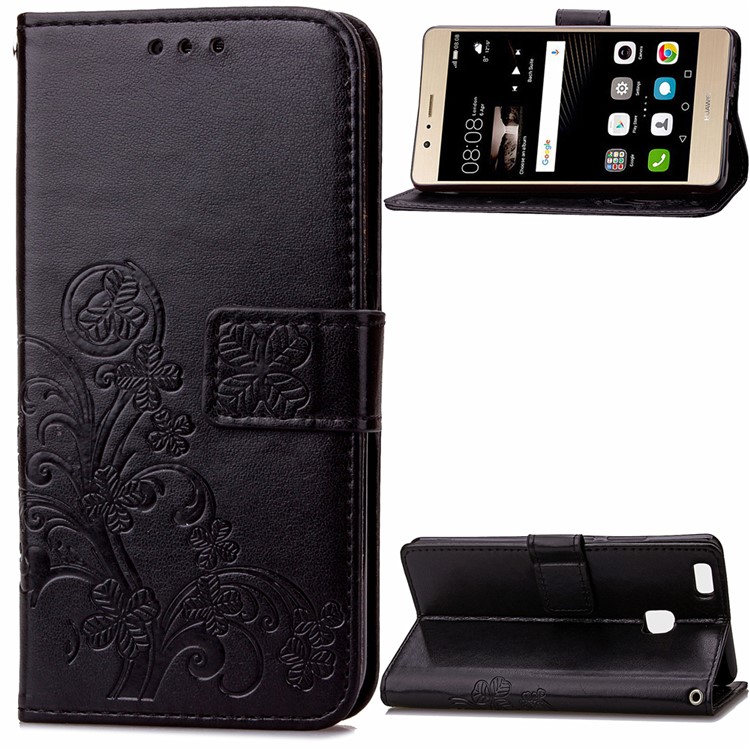 Imprint Lucky Clover Magnetic Wallet PU Leather Stand Cover for Huawei P9 Lite/G9 Lite - Black-1