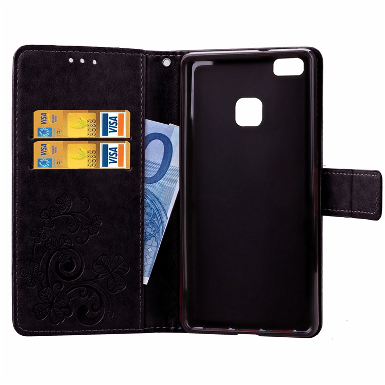 Imprint Lucky Clover Magnetic Wallet PU Leather Stand Cover for Huawei P9 Lite/G9 Lite - Black-9