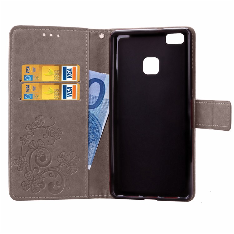 Imprint Lucky Clover Magnetic Wallet PU Leather Stand Case for Huawei P9 Lite/G9 Lite - Grey-9