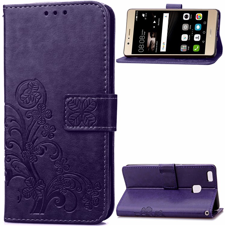 Imprint Lucky Clover Magnetic Wallet PU Leather Stand Mobile Phone Cover for Huawei P9 Lite/G9 Lite - Purple-1