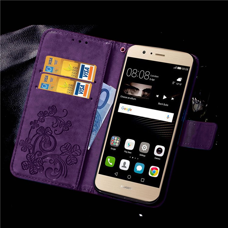 Imprint Lucky Clover Magnetic Wallet PU Leather Stand Mobile Phone Cover for Huawei P9 Lite/G9 Lite - Purple-4