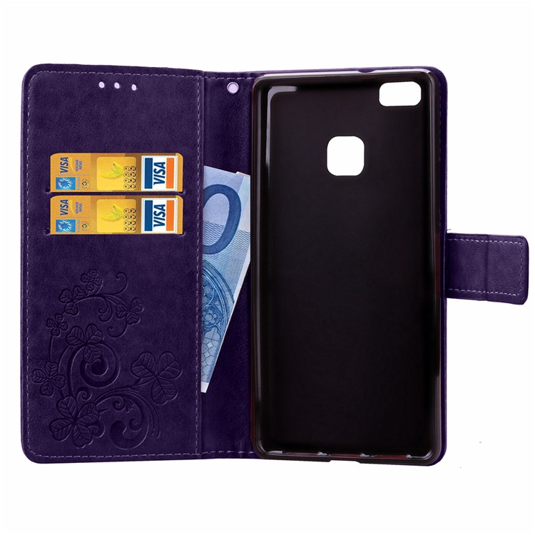 Imprint Lucky Clover Magnetic Wallet PU Leather Stand Mobile Phone Cover for Huawei P9 Lite/G9 Lite - Purple-9