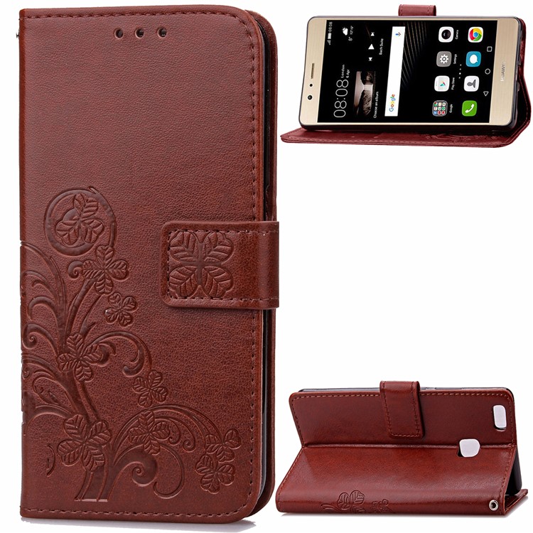 Imprint Lucky Clover Magnetic Wallet PU Leather Stand Cell Phone Cover for Huawei P9 Lite/G9 Lite - Brown-1